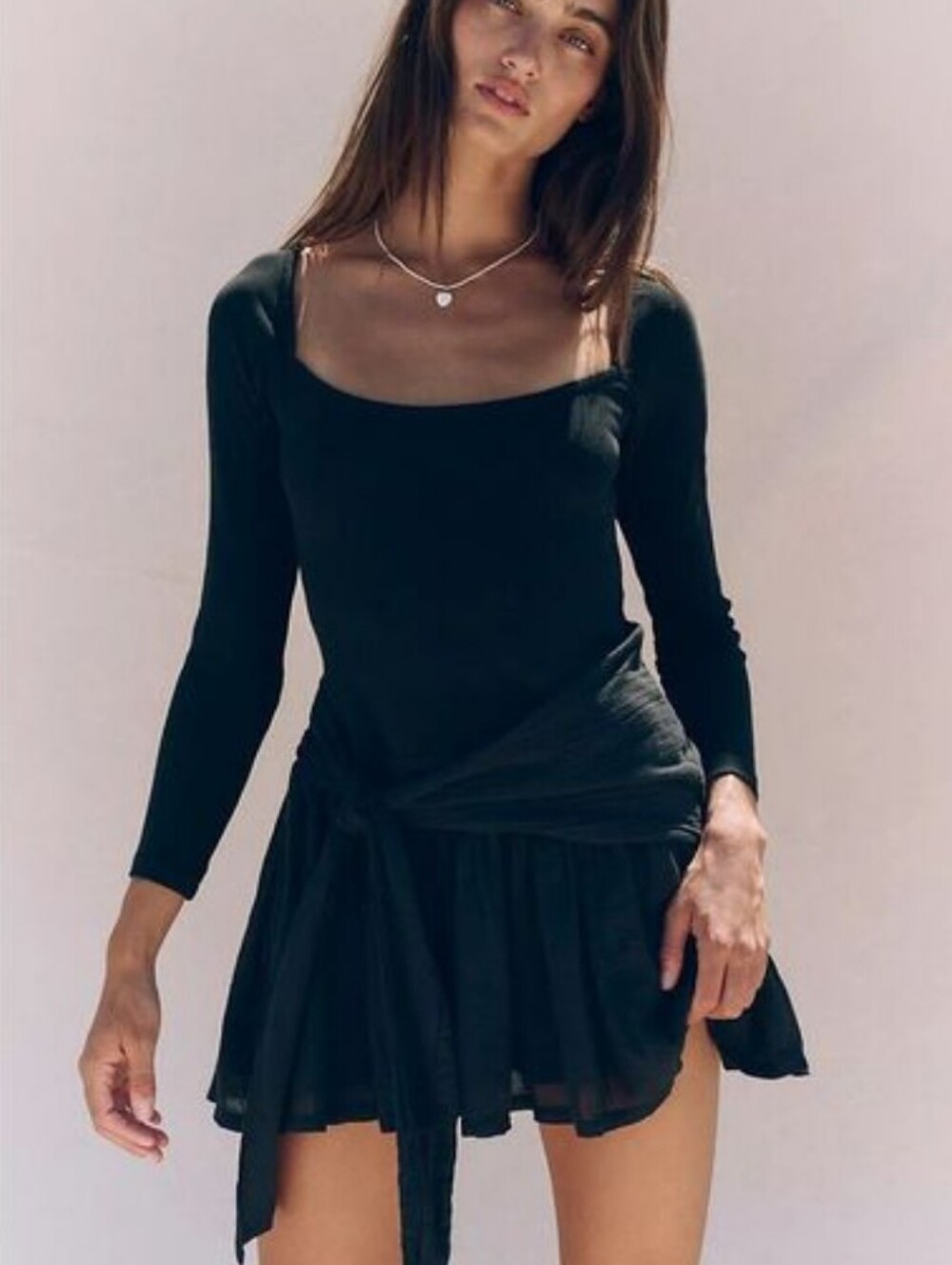 Free People Freest Lexi Black 3/4-Sleeve Square Neck Mini Dress Sz XS Stretchy